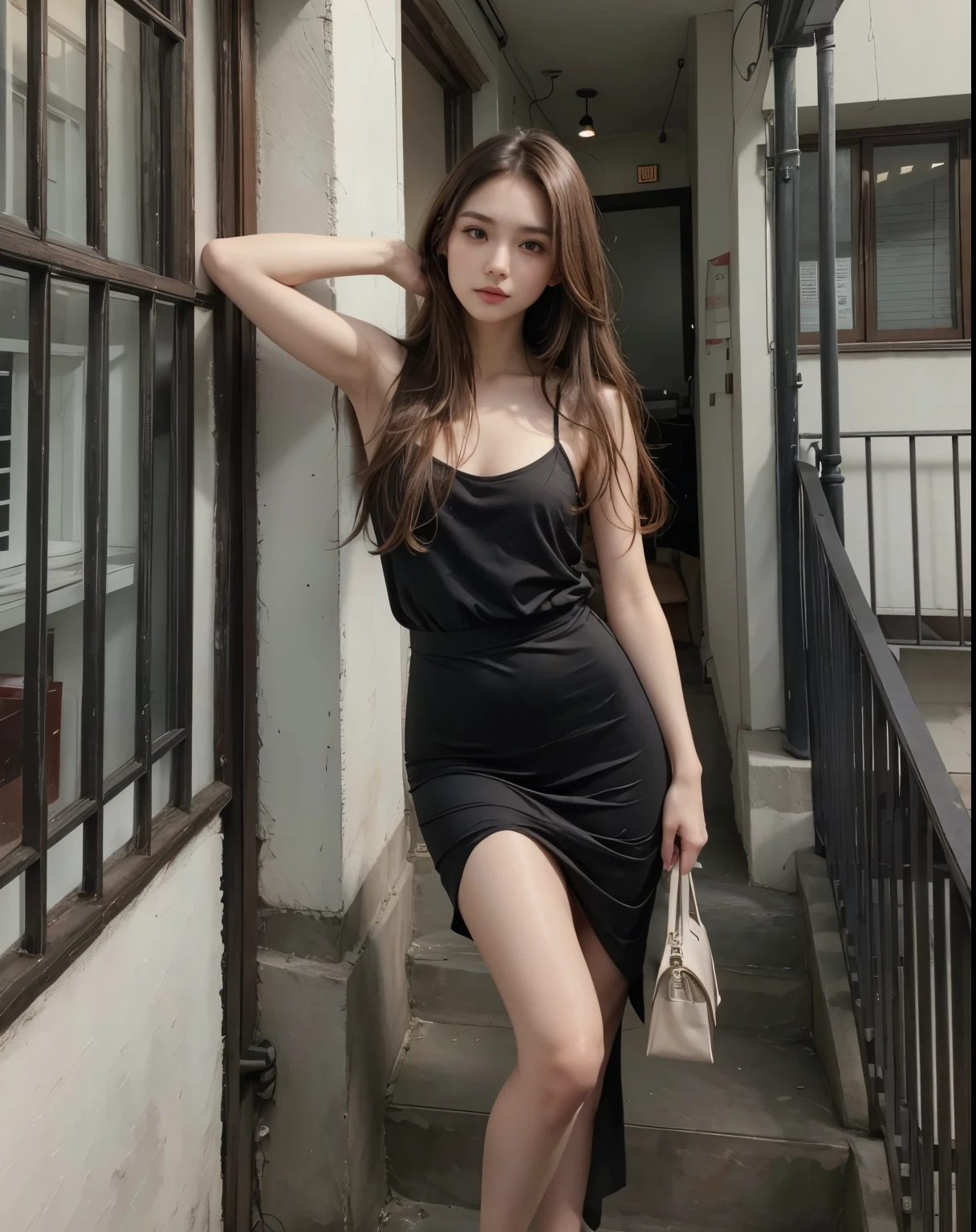 A beautiful 30-year-old woman with white skin, slender body, thin, fine and delicate face, small face, small and sharp nose, Instagram model, long brown hair, brown eyes, looking towards the camera, dressed in white fashion.