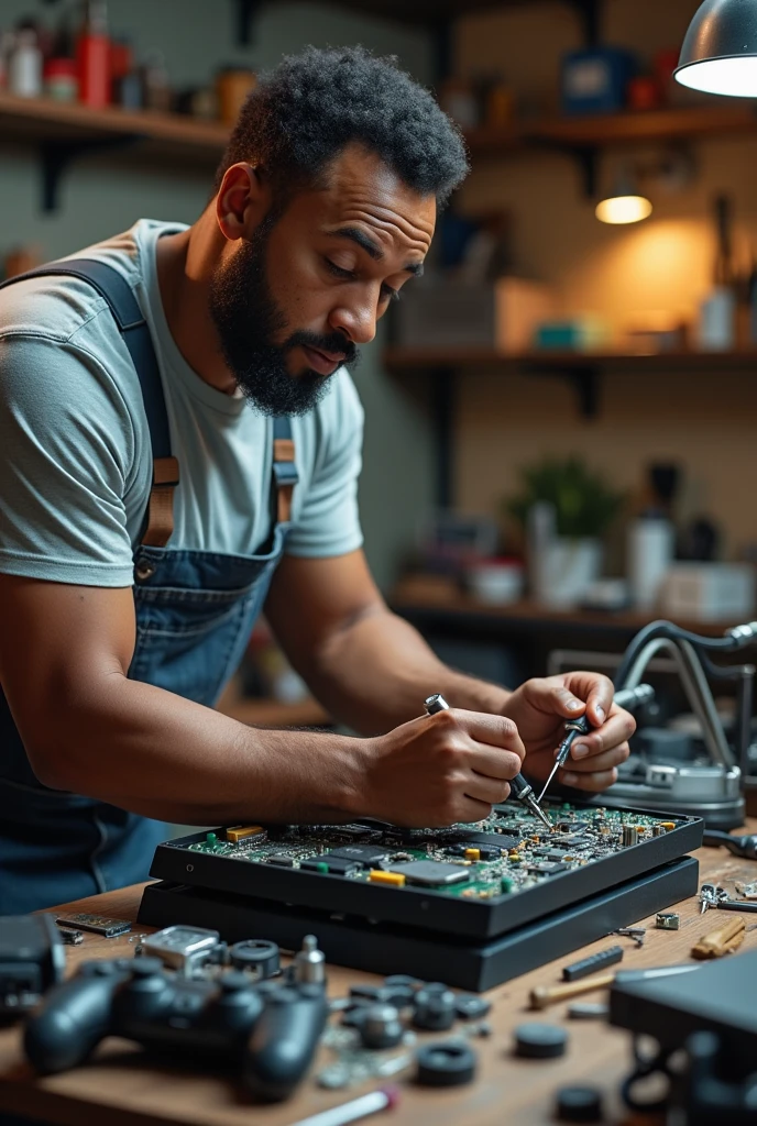 A black man holding ps4 and repairing it easly