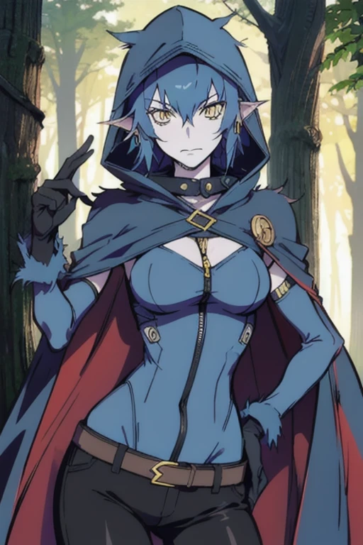 Wolfie, hells, 1girl, leather pants, leather bodysuit, earring, blue hair, furry character, gloves, yellow eyes, Masterpiece, Best Quality, forest, cape, cloak, hood up, hooded cloak