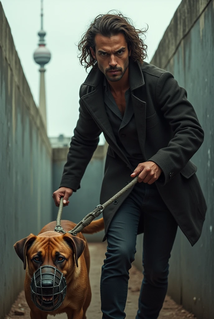 A person holding a dog with a mouth basket on a leash with walls in the background and the TV tower (aggressiv)
