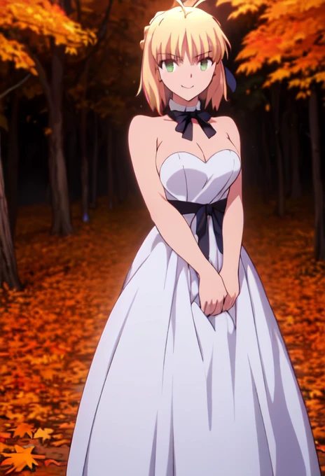 (safe:1.10), best quality, masterpiece, highres, solo, (saber_fatestaynightufotable:1.10), anime_style, 24 ,funny expression,big breast,Falling autumn leaves,autumn leaves,moonlight,cowboy shot, full body shot,white dress,black ribbon,smile,sholder nude