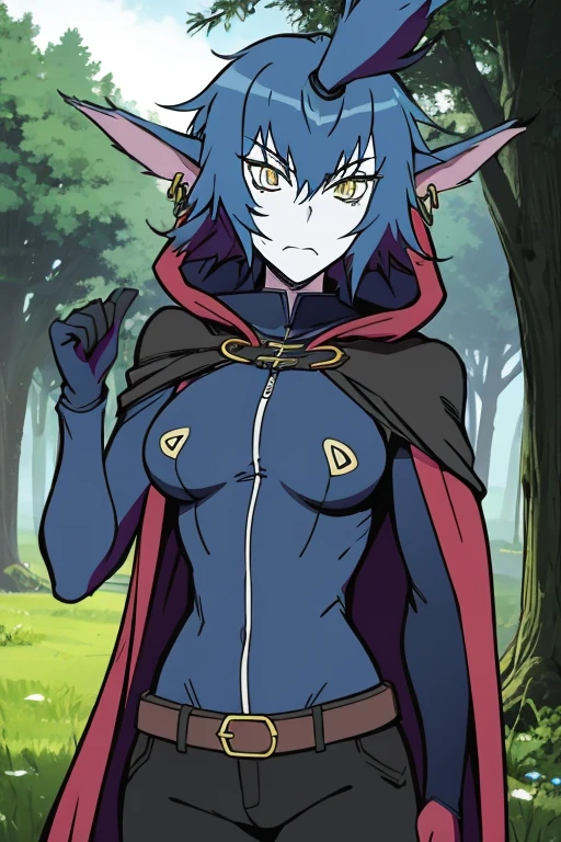 Wolfie, hells, 1girl, leather pants, leather bodysuit, earring, blue hair, furry character, gloves, yellow eyes, Masterpiece, Best Quality, forest, cape, cloak, hood up, hooded cloak