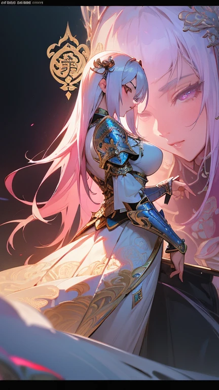 Sexy woman in white gold and pink lotus lace armor skirt, Chengwei Pan at Art Station, Jan J, Detailed fantasy art, Amazing character art, Fan Art Best Art Station, Magnificent and elaborate character art, Beautiful Armor, Highly detailed art gems, Detailed digital anime art, Art Station pixiv&#39;s artgerm, Girl in Armor, Cleavage Big Tits:1.2, (mini skirt:1,5)