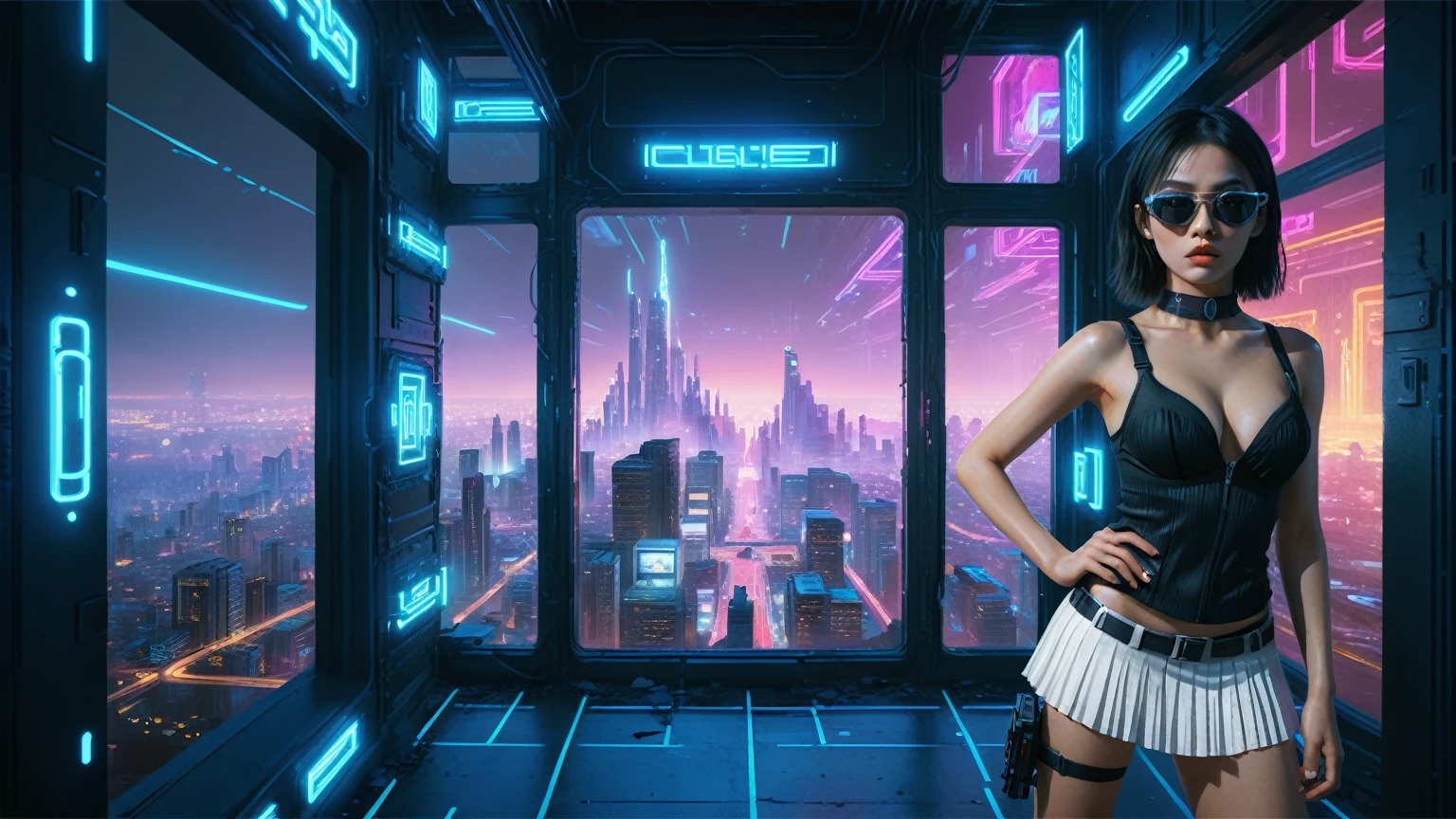 Cyberpunk female plagiarist immersed in digital theft, neon-lit alias within a vast online labyrinth, grotesque grunge brushing into surrealism, illuminated by kaleidoscopic volumetric light, a detailed masterpiece reminiscent of Moebius' distinctive style, deep focus, heightened depth field, psychedelic undertones amplified in a cinematic shot, aerial view of cyberpunk city at night, (1girl, solo), photo realistic, large-breast:1.4 D-cup slim body, cleavage:1.4, slim face, off broken mini sling-shirt and black sling bra, extremely short white pleated miniskirt, micro panty, (matrix style black micro sunglasses), (holding a short gun), half-body thigh level medium shot, cinematic lighting, ray tracing.