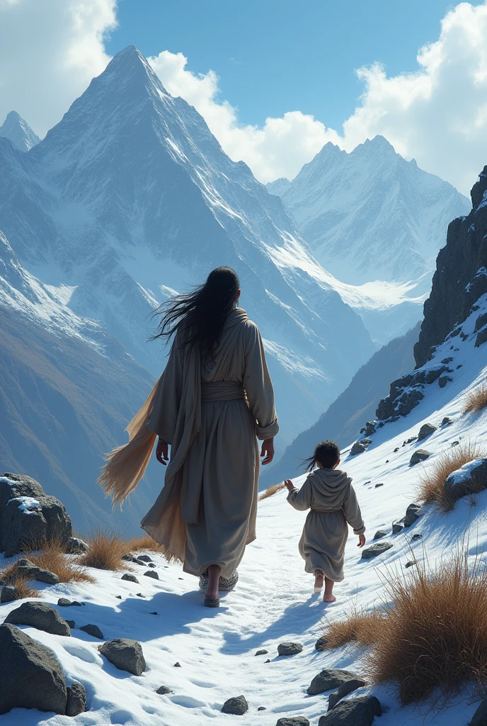Indian sanyasi maharaj with child going spiritual path in the Himalayas backword face
Long hair