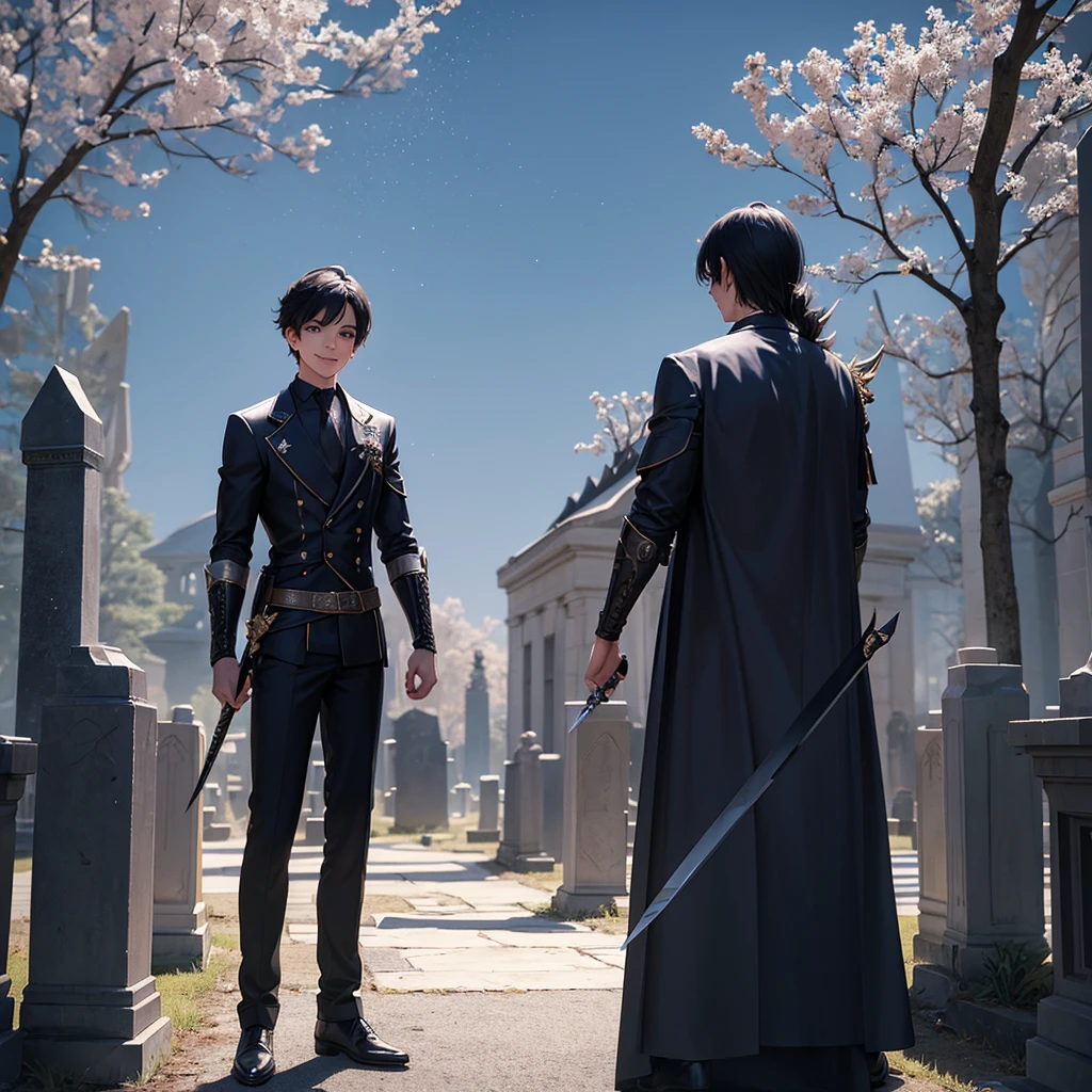 A cute and attractive boy holding a sparkling sword in his hand, standing in a graveyard showing his back and looking behind, mischievous smile on his face, 3D