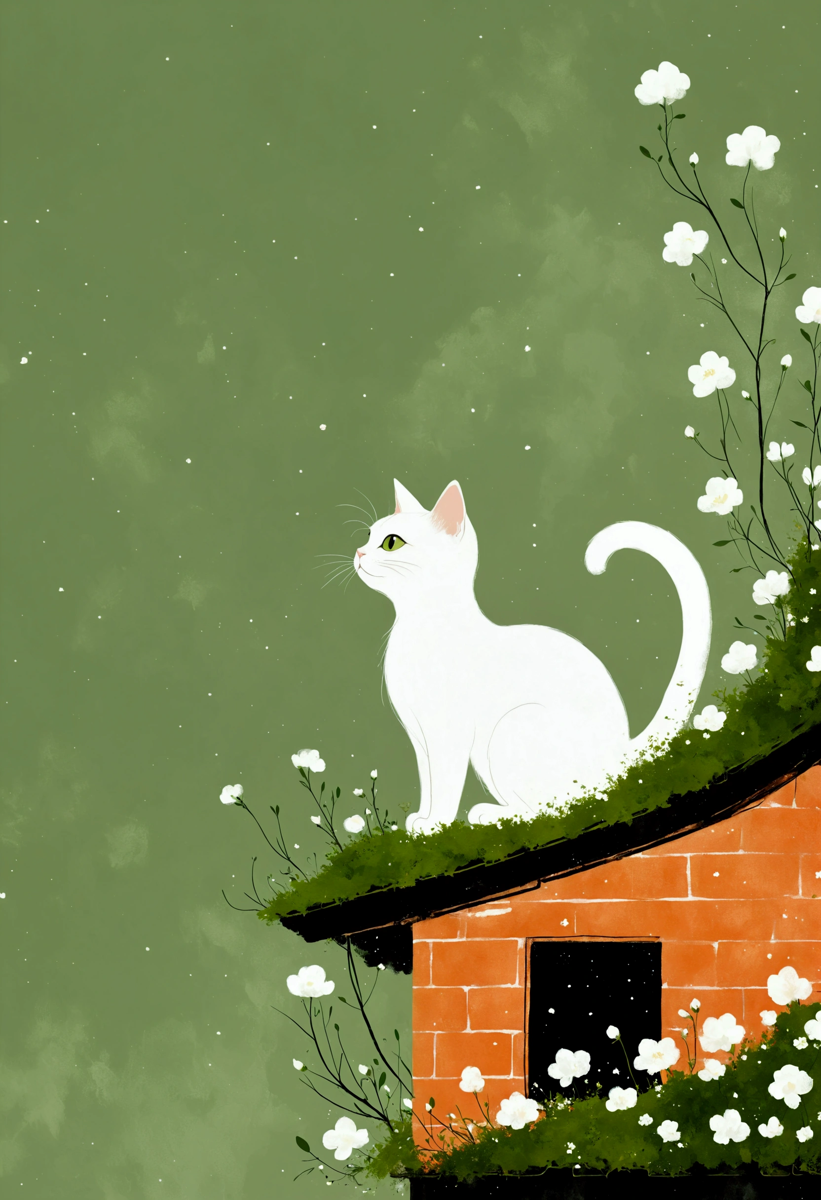 A painting,中国水墨画sketch:Light Ink,Lowercase,sketch,artistic conception,A cat on the moss-covered eaves,cloud,Small white flowers,Minimalism,(((Negative Space,Bottom left composition)))