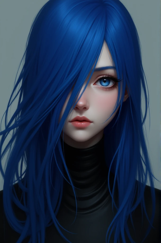 Blue hair covering one eye 