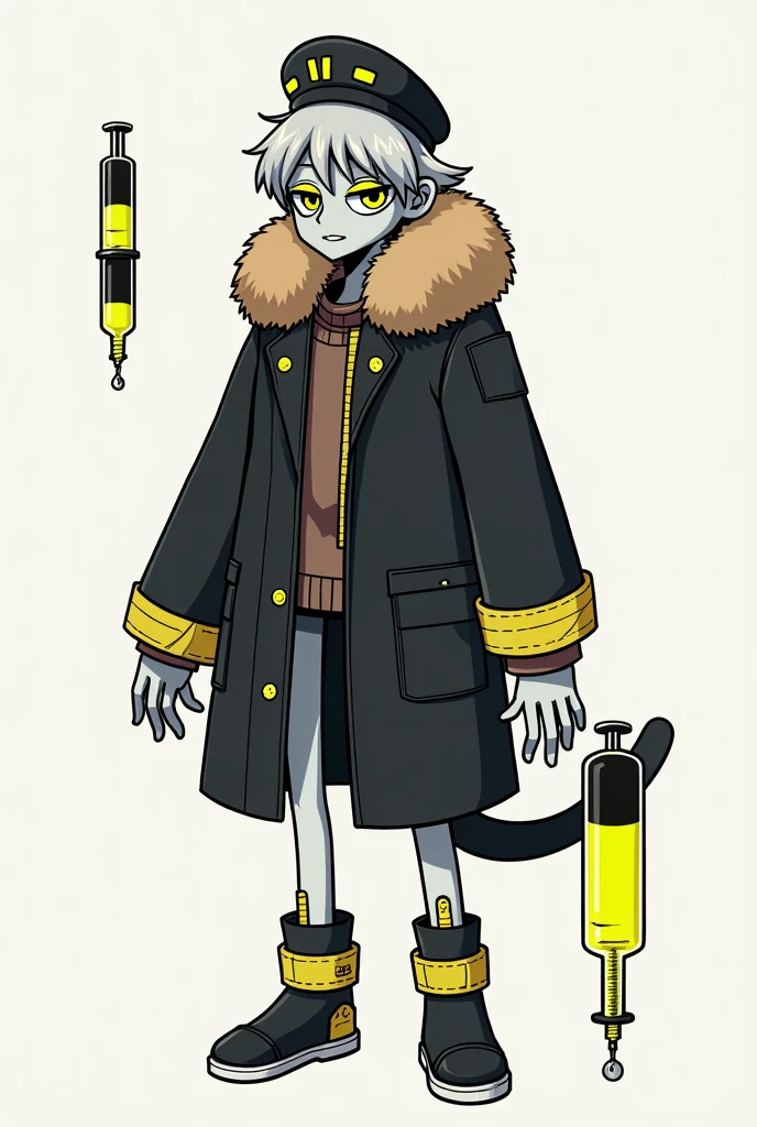 N has features of a typical male Disassembly Drone, with neon yellow eyes and short silver hair parted to the left. Like other Disassembly Drones, he has four-fingered hands, a black headband with five sections of lights on it, and a long black tail ending in a large syringe with neon yellow nanite acid, the headband and syringe both containing neon yellow nanite acid. He wears a black winter coat with a long tan fur collar and a black pilot hat. Drones have white metal, a visor half of their face which is black and showcases neon yellow oval shaped optics, and a bit of a cartoony look to them. N's wrists are cone shaped with caution tape around the rim, ending in four fingered hands. N's feet look like white boots with caution tape around the bottoms of them. N is very wholesome and upbeat as well. His body is encased in completely white metal, wearing nothing under his coat. N has to eat oil to survive as he is a Disassembly Drone.