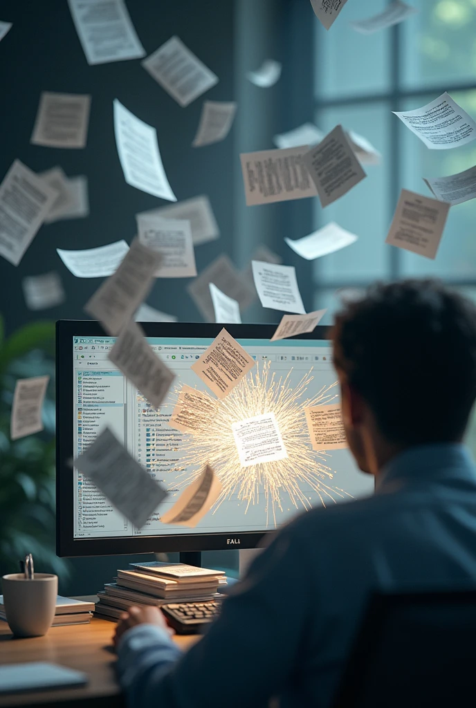 
papers are flying onto the computer screen