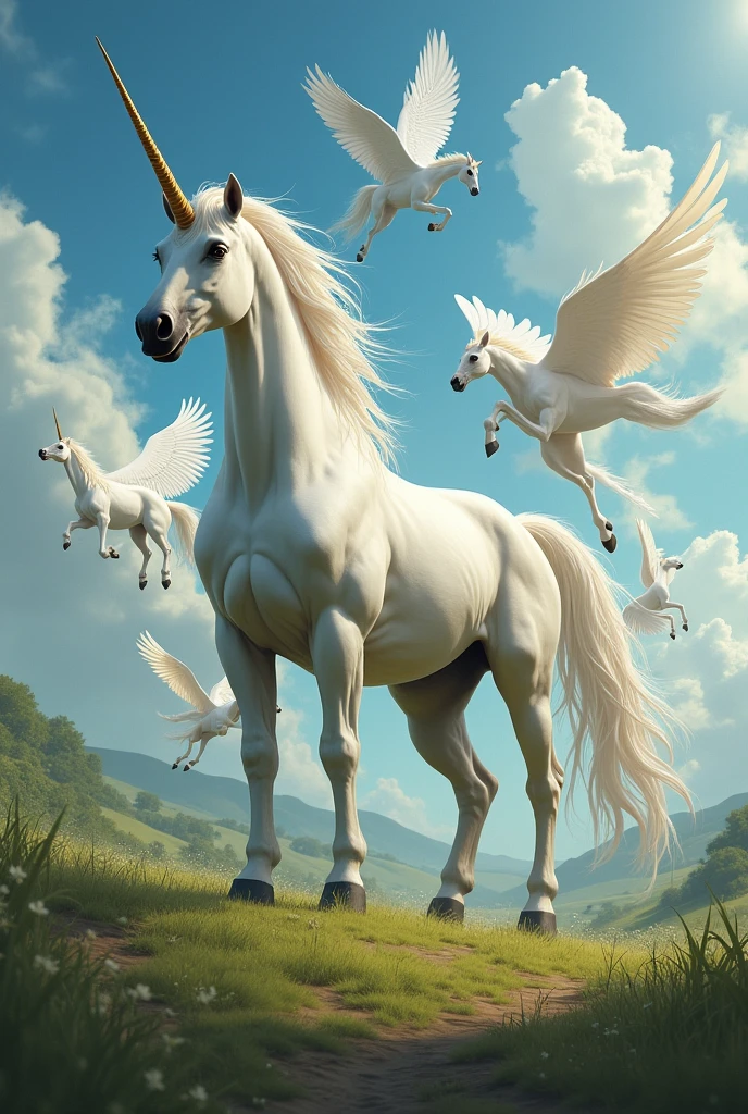 A muscly unicorn among females pegasus