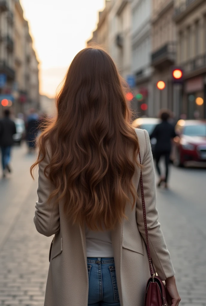 Beautiful girl with wavy long hair walking down the street