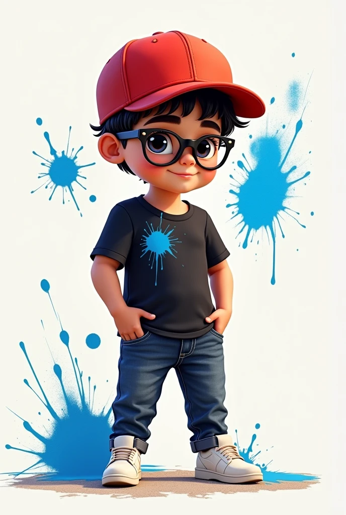 A boy and red color cap, black color shirt and blue color paint and white color shoes and black color glasses outfit. And cap name is Aman