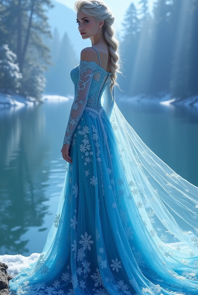 Frozen Elsa wearing an ice blue gradient lace dress,The skirt gradually transitions from the dark ice blue of the upper body to the light sky blue of the skirt.,Like the ripples on the lake surface when the ice and snow begin to melt。The lace fabric is embroidered with delicate snowflake patterns,It not only shows Elsa's identity as the ice queen,It adds a sense of refinement to the skirt。
Sexy design:
Translucent shoulder straps:The skirt's shoulder straps are made of translucent lace,Elsa's fair skin is faintly revealed,Adds a sense of mystery and。
High side slits:High slit design added to the side of the skirt,When Elsa Walks,Can show her slender legs,Sexy yet elegant。
Waist hollow:Subtle cutout at waist,Combined with a delicate silver belt,It emphasizes the waistline,Adds a sense of design and sexiness。