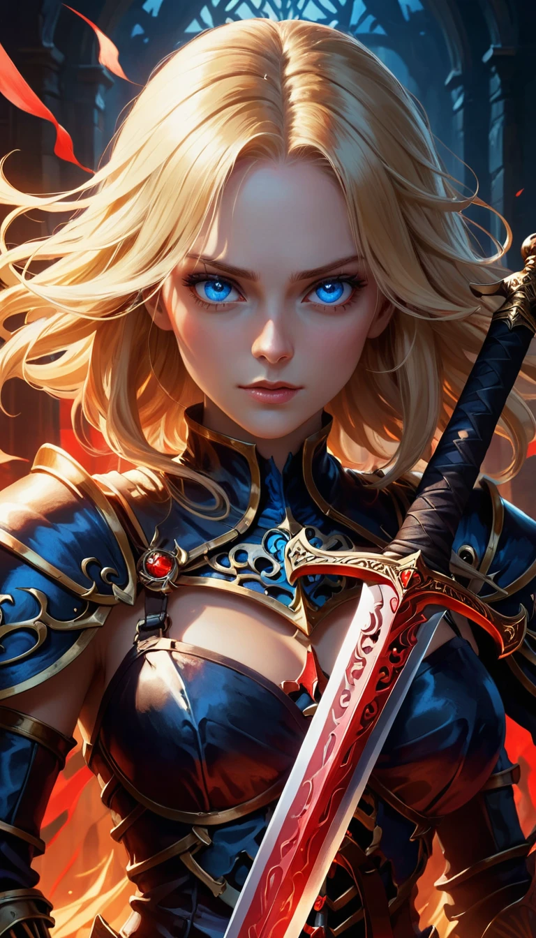 A blonde woman with blue eyes and a red eyed skeleton share the same face, with a sword erected in the center, in an epic 3A game style, suitable for mobile wallpapers, with faces of the same size on both sides, rich details, and epic light and shadow