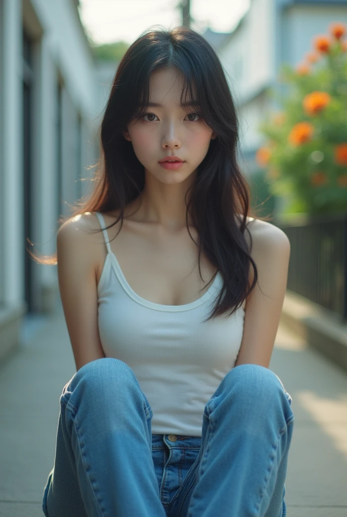 Young Japanese Woman,　jeans,　White tank top,　From an angle looking up from the feet