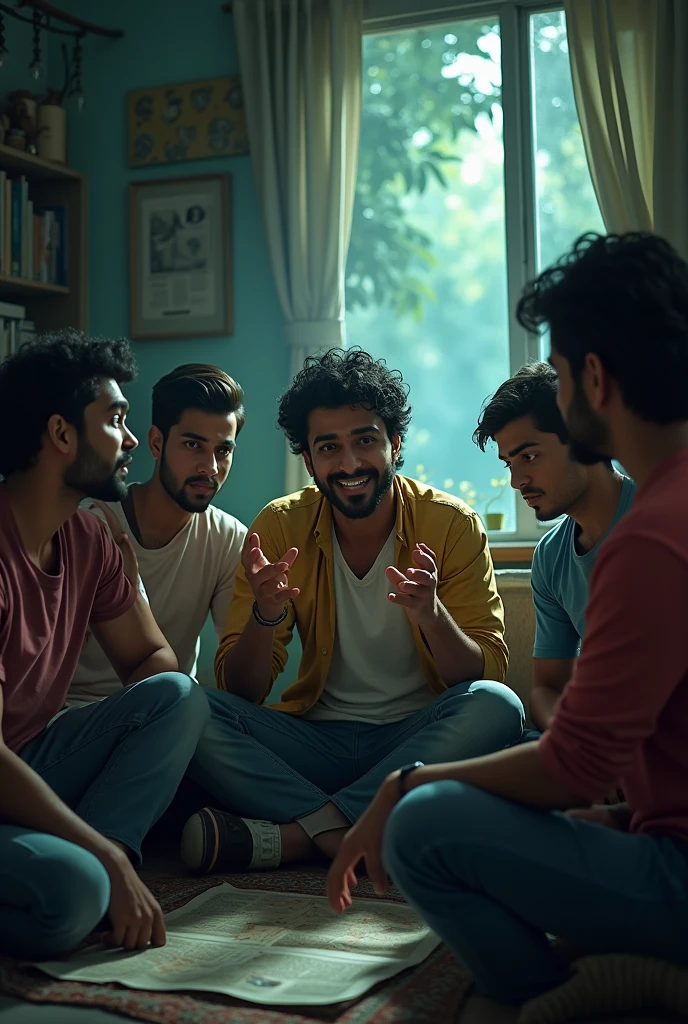 Arjun telling his friends about his plan to explore the haunted fort. The friends look scared and are trying to warn him against going.**
