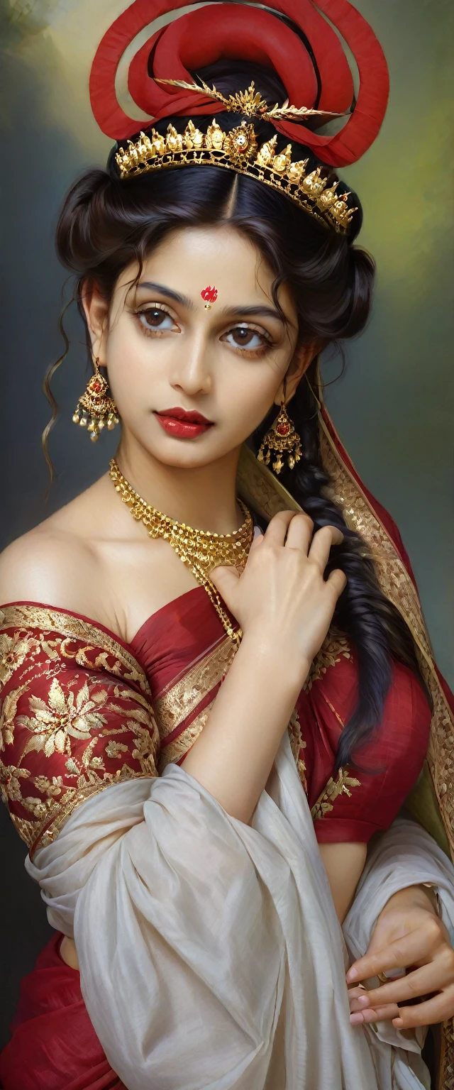 Beautiful Indian Woman, wearing red saree, sari Beauty, gorgeous, Apsara, Maharani, royal queen woman, nymph from Hindu Mythology, Urvashi, matchless beauty, Highly detailed, Oil Painting by Peter Paul Rubens inspired by Raja Ravi Varma, Matchless beauty, captivating, gorgeous, heavenly beauty, celestial beauty, by Peter Paul Rubens, 13, realistic, hyper realistic, micro details, incredible artwork, insane details, ultra High resolution, 8k, 32k, acrylic on canvas, intricate, flawless, detailed, detailed face, detailed eyes, masterpiece, by Peter Paul Rubens, by Caravaggio, by William Adolphe Bouguereau, perfect face, perfect body, beautiful art, realism, baroque, renaissance Art, highly textured, beautiful and detailed eyes, uhd, best quality,
