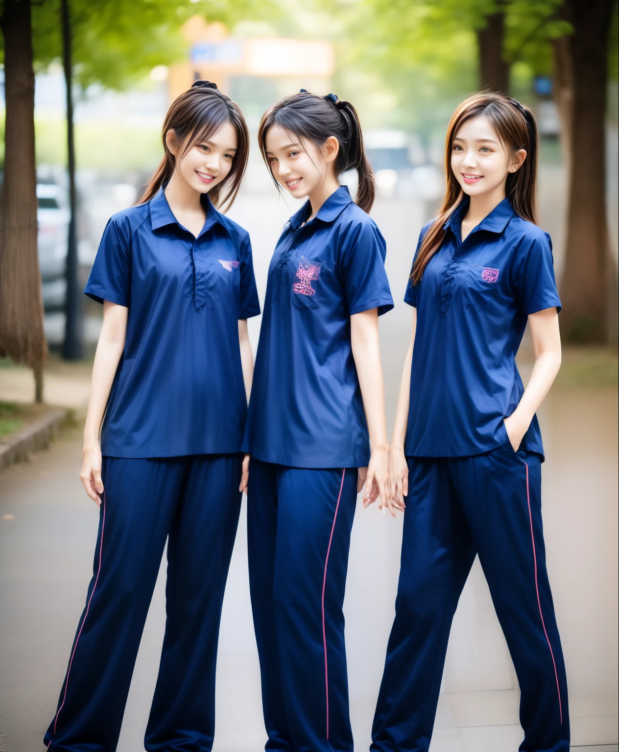3 girls นั่งเล่นมือถือ, Navy blue short-sleeved shirt,Navy Long Trackpant,Sweatpants, Sweatpantsขายาว,25 year old girl, lesbian, sexy, exercise clothes, wet body, exercise clothes