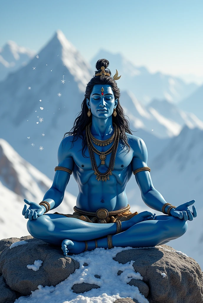 Lord Shiva having masculine physique meditating on mount kailash smiling divine face