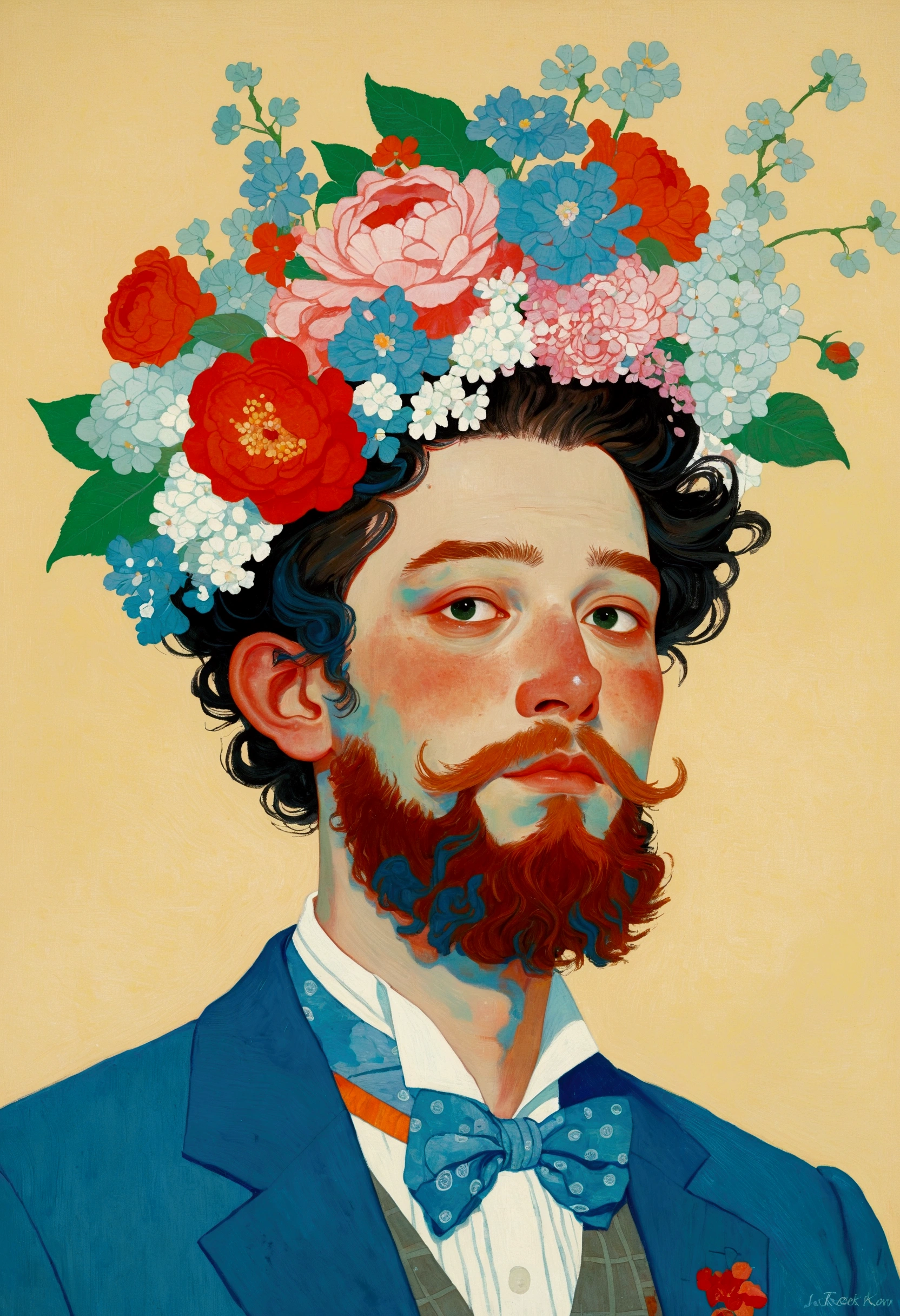 There is a man with a beard in the painting、Man wearing a flower crown, Fantastic portrait, Norman Rockwell and James Jean, Juster Battle, james gien style, style of james jean, 灵感来自詹姆斯·Christensen, James Jean (James Jean) of inspiration, By Jacka Kemp, Greg Rutkowski ; Fantastic, 受到 James C of inspiration. Christensen, Thomas Kinkade and Tristan Eton, Flowers in bloom