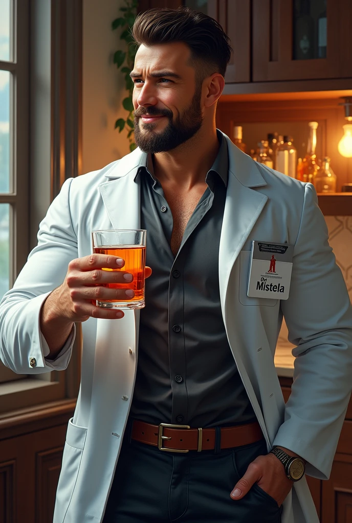 "A highly detailed and visually striking image of a dark-haired man with a short beard, featuring a muscular build and a very hairy chest and arms. He is wearing a crisp, white doctor's coat with a name badge that reads 'Dr. Mistela.' The man holds a glass of alcohol in one hand, the liquid inside catching the light with a warm, amber glow. His expression is confident and relaxed, with a subtle smile. The background is simple, ensuring the focus remains on the character, while the colors are vibrant and the textures finely detailed, giving the scene a rich and engaging aesthetic."