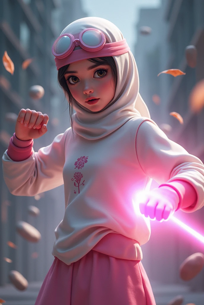 Malaysia girl a realistic masterpiece. Human . 1girl wearing a hijab, detailed beautiful face, Hijab Muslim. Wear long sleeve moder design white pink stripe white, minimalist flower on shirt. Enger face. Open mouth. Glowing power pink. . Wear pink white.small Safety Pink google spectacle top of the head rubber band. . Flying punch robot. Fast fly. Panning effect Photography . Jump on and have a super strong power.. punch . Fight pose. Bokeh background. At the city. Bad waether. , detailed lips, long eyelashes. Hero, modest expression, delicate facial features, natural skin tones, , detailed folds and textures of hijab, natural lighting, high quality, photorealistic, 8k, best quality. Malaysia girl. Floating small stone and dry leave.