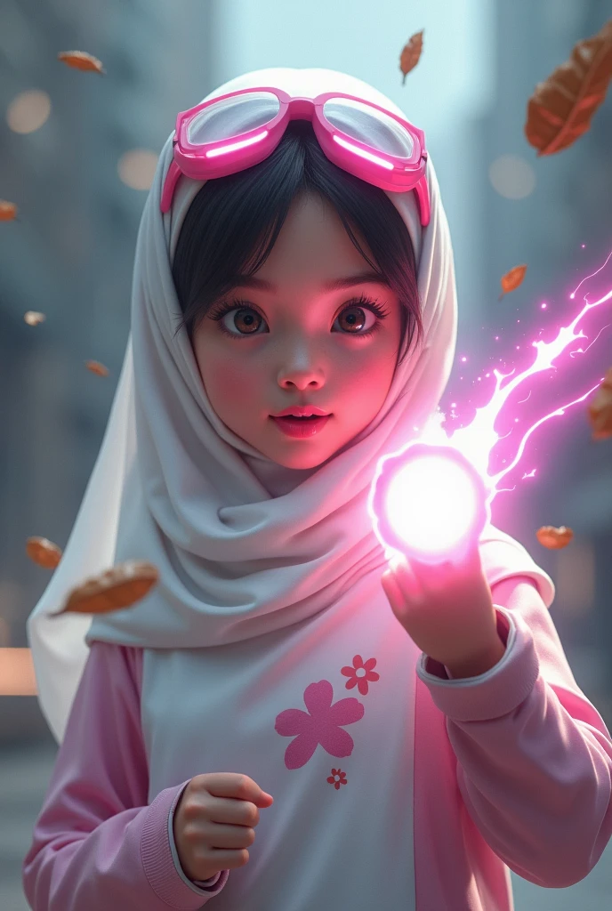 Malaysia girl a realistic masterpiece. Human . 1girl wearing a hijab, detailed beautiful face, Hijab Muslim. Wear long sleeve moder design white pink stripe white, minimalist flower on shirt. Enger face. Open mouth. Glowing power pink. . Wear pink white.small Safety Pink google spectacle top of the head rubber band. Age 15 year old. Flying punch robot. Fast fly. Panning effect Photography . Jump on and have a super strong power.. punch . Fight pose. Bokeh background. At the city. Bad waether. , detailed lips, long eyelashes. Hero, modest expression, delicate facial features, natural skin tones, , detailed folds and textures of hijab, natural lighting, high quality, photorealistic, 8k, best quality. Malaysia girl. Floating small stone and dry leave.