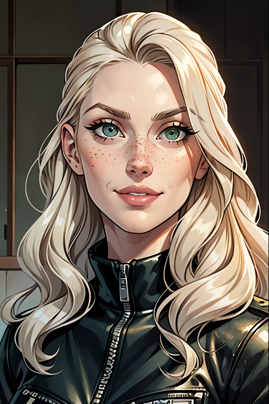Blonde girl with green eyes, 1.67m, biker styleFace of a woman, americana, age 25, pale skin and freckles, grey-eyed, delicate nose, soft and delicate lips, Long Wavy Gray Blonde Hair, Sweet smile, cabelo solto e cheio