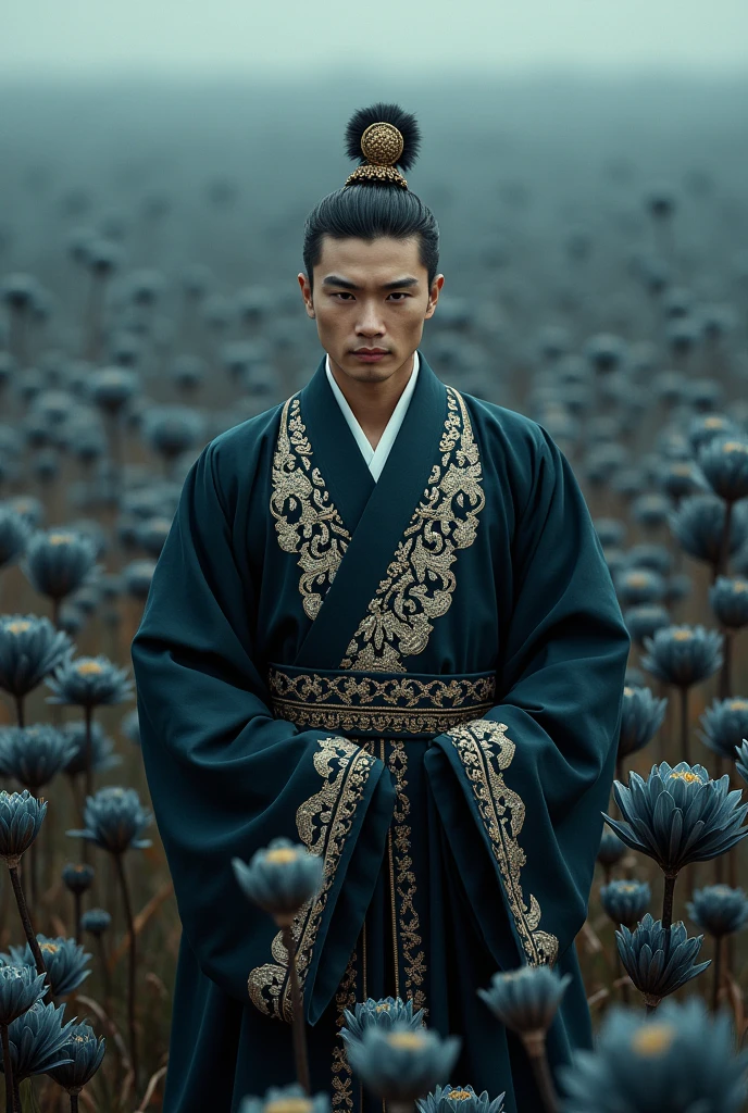 A man korean Extreme Wide Shot,aerial perspective,top-down view,grand scale,central subject,man in am traditional suit , traditional suit, intricate crystal floral patterns,ethereal black Color flower sea backdrop,dreamlike ambiance,vibrant black Color hues,majestic aura,detailed embroidery,fantasy setting,(fantasy theme:1.4),opulent design,lavish presentation,surreal beauty,mesmerizing floral expanse,enchanting atmosphere,,incredibly absurdres,realistic,real,((art nouveau) ),reality, , detailed, intricate, detailed intricate, (detailed face:1.2),