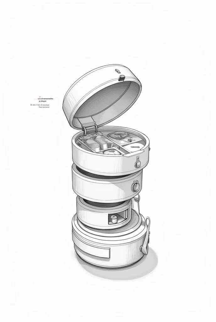 A round makeup kit with 3 compartment stacked on top each other, makeup brush holder attached to one of the compartment, button to hold the compartment in place, and a drawer on the last bottom story with a handle attached to the makeup kit to carry it in black and white sketch art.