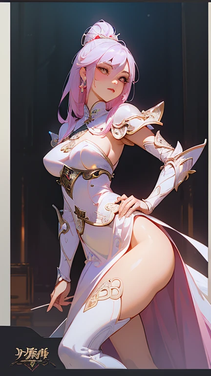 Sexy woman in white gold and pink lotus lace armor skirt, Chengwei Pan at Art Station, Jan J, Detailed fantasy art, Amazing character art, Fan Art Best Art Station, Magnificent and elaborate character art, Beautiful Armor, Highly detailed art gems, Detailed digital anime art, Art Station pixiv's artgerm, Girl in Armor, Cleavage Big Tits:1.2, (mini skirt:1,5)