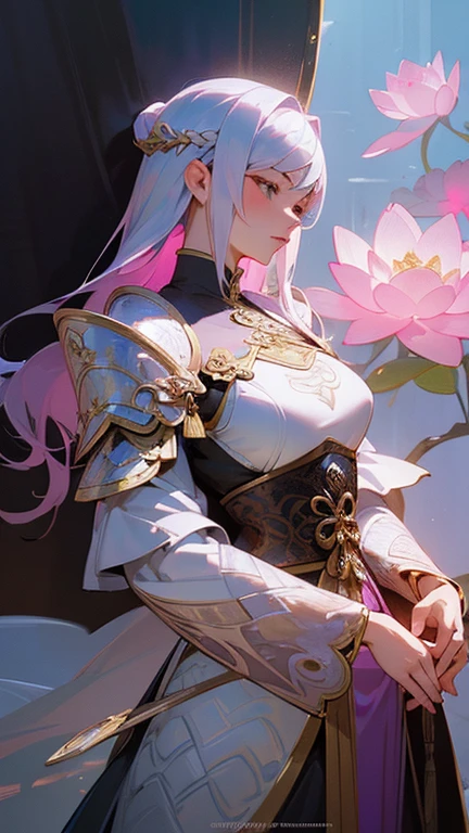 Sexy woman in white gold and pink lotus lace armor skirt, Chengwei Pan at Art Station, Jan J, Detailed fantasy art, Amazing character art, Fan Art Best Art Station, Magnificent and elaborate character art, Beautiful Armor, Highly detailed art gems, Detailed digital anime art, Art Station pixiv's artgerm, Girl in Armor, Cleavage Big Tits:1.2, (mini skirt:1,5)