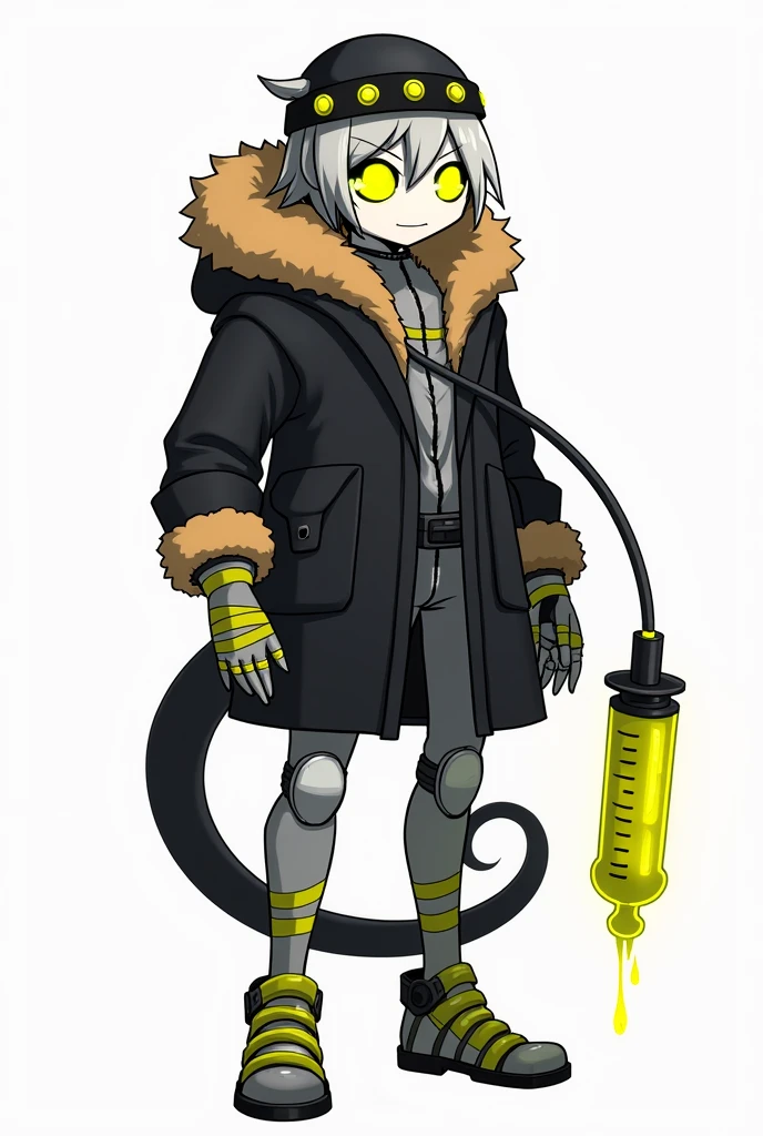 N has features of a typical male Disassembly Drone, with neon yellow eyes and short silver hair parted to the left. Like other Disassembly Drones, he has four-fingered hands, a black headband with five sections of lights on it, and a long black tail ending in a large syringe with neon yellow nanite acid, the headband and syringe both containing neon yellow nanite acid. He wears a black winter coat with a long tan fur collar and a black pilot hat. Drones have white metal, a visor half of their face which is black and showcases neon yellow oval shaped optics, and a bit of a cartoony look to them. N's wrists are cone shaped with caution tape around the rim, ending in four fingered hands. N's feet look like white boots with caution tape around the bottoms of them. N is very wholesome and upbeat as well. His body is encased in completely white metal, wearing nothing under his coat. N has to eat oil to survive as he is a Disassembly Drone.