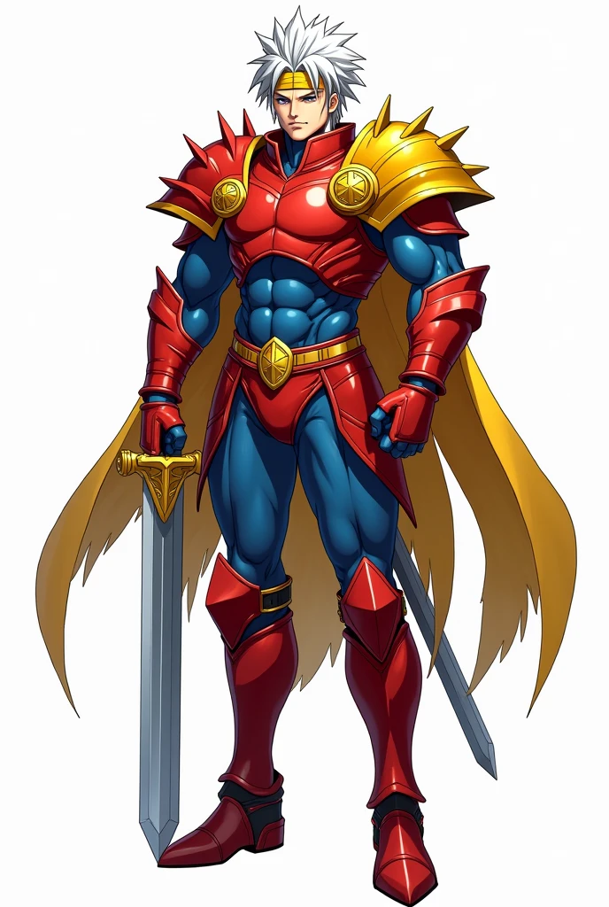 ragnarok online, masterpiece, best quality, 1boy, a warrior guy, white hair, yellow headband, wearing red armor with one yellow shoulder guard, blue inner tights, holding a sword, arrogant face, white background, full body, (closed mouth:1.2), looking at viewer, best quality