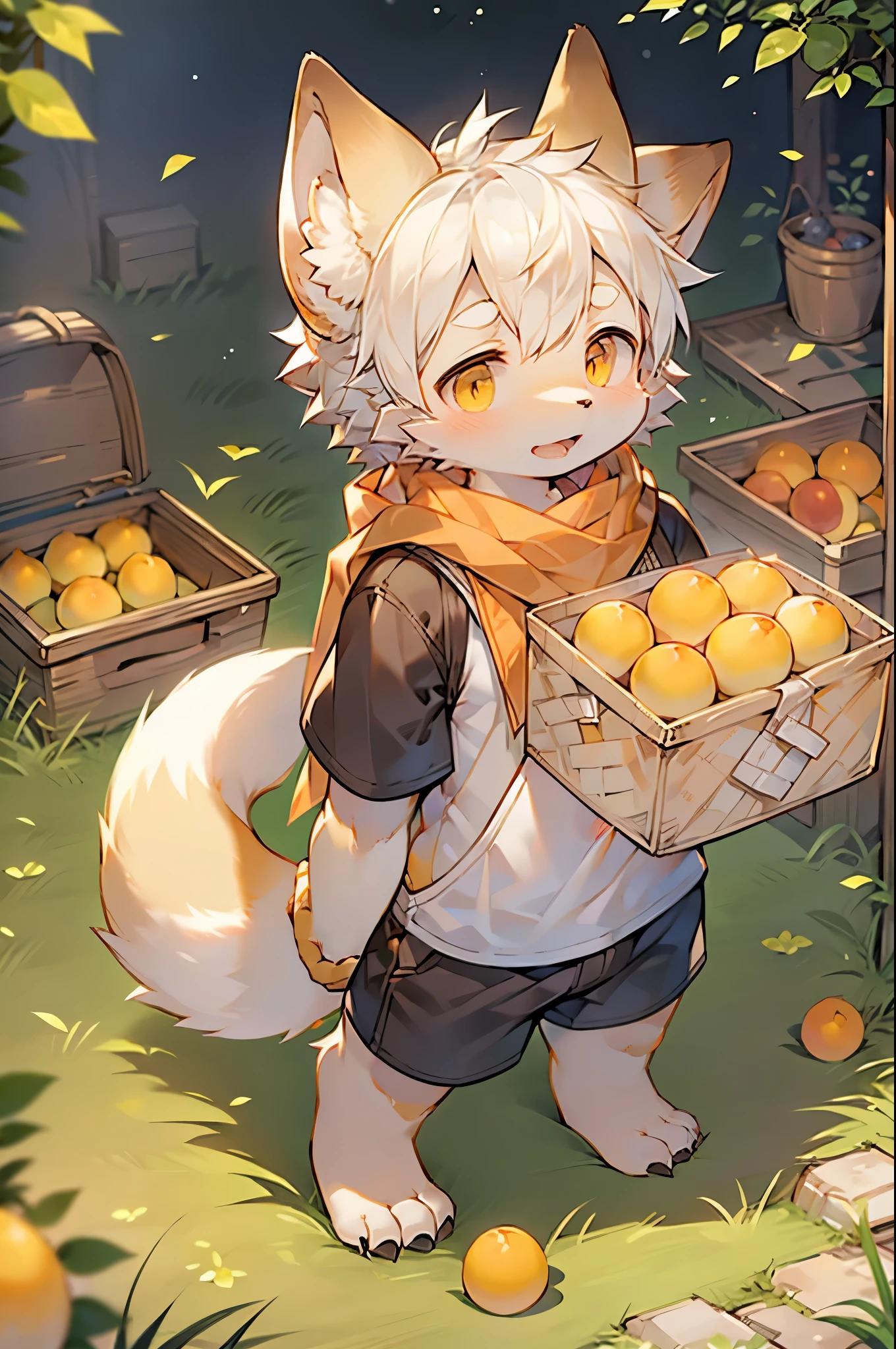 Fox Boy,Hairy boy,Babies and features,White hair,Yellow skin,White Arm,scarf,Short sleeve,shorts,Picking lemons