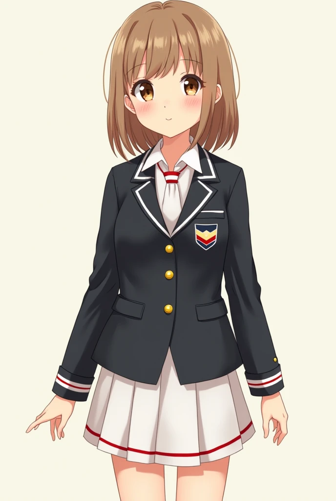 Cute girl ,brown eyes, Dark blonde shoulder - length hair ,wearing a charcoal-black, long sleeved blazer with white and red striped cuffs and 6 gold buttons down the front. A white blouse is worn underneath. A short white tie with a red chevron goes under the collar of the blouse.

The Tomoeda Middle School emblem is displayed on the left shoulder.

The bottom half consists of a simple, short, white, pleated skirt with a thin red line across the bottom. A pair of white socks and black Mary-janes are worn on the feet.