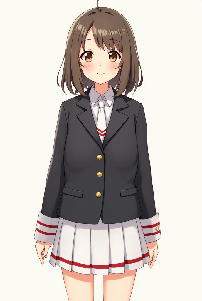 Cute girl ,brown eyes, Dark blonde shoulder - length hair ,wearing a charcoal-black, long sleeved blazer with white and red striped cuffs and 6 gold ons down the front. A white blouse is worn underneath. A short white tie with a red chevron goes under the collar of the blouse.

The Tomoeda Middle School emblem is displayed on the left shoulder.

The bottom half consists of a simple, short, white, pleated skirt with a thin red line across the bottom. A pair of white socks and black Mary-janes are worn on the feet.