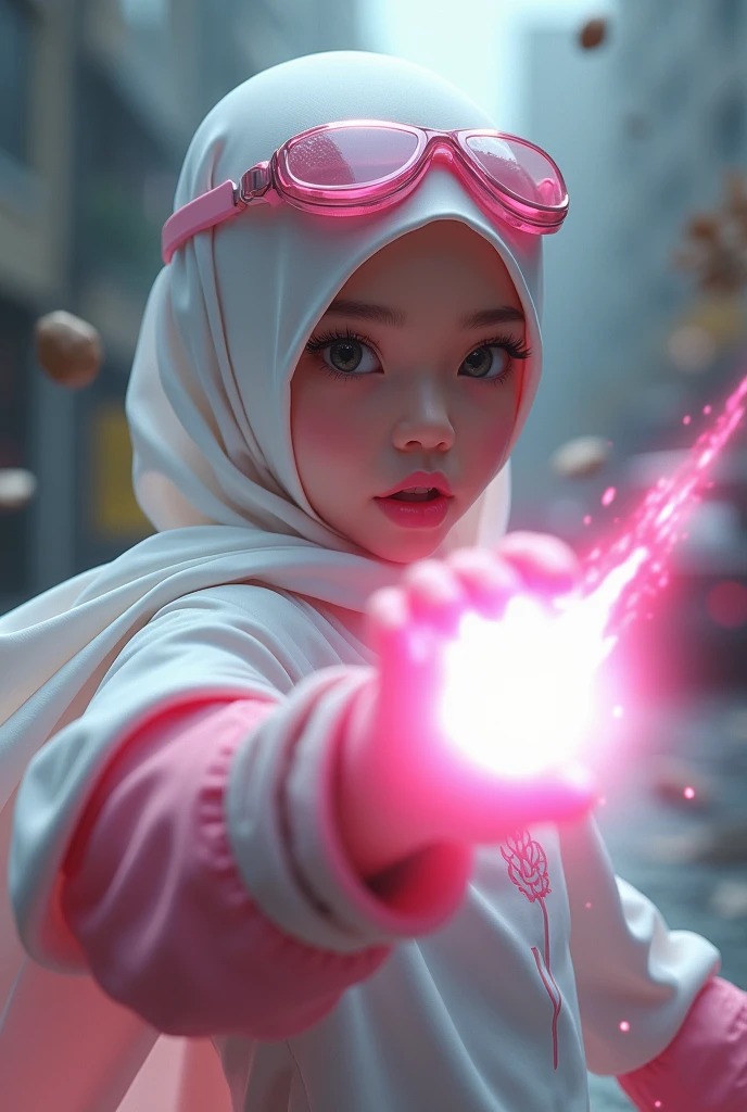 Malaysia girl a realistic masterpiece. Human . 1girl wearing a hijab, detailed beautiful face, Hijab Muslim. Wear long sleeve moder design white pink stripe white, minimalist flower on shirt. Enger face. Open mouth. Glowing power pink. . Wear pink white.small Safety Pink google spectacle top of the head rubber band. Age 15 year old. Flying punch robot. Fast fly. Panning effect Photography . Jump on and have a super strong power.. punch . Fight pose. Bokeh background. At the city. Bad waether. , detailed lips, long eyelashes. Hero, modest expression, delicate facial features, natural skin tones, , detailed folds and textures of hijab, natural lighting, high quality, photorealistic, 8k, best quality. Malaysia girl. Floating small stone and dry leave.