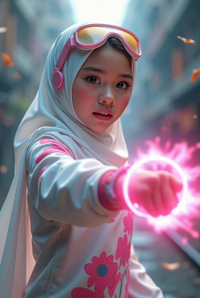 Malaysia girl a realistic masterpiece. Human . 1girl wearing a hijab, detailed beautiful face, Hijab Muslim. Wear long sleeve moder design white pink stripe white, minimalist flower on shirt. Enger face. Open mouth. Glowing power pink. . Wear pink white.small Safety Pink google spectacle top of the head rubber band. Age 15 year old. Flying punch robot. Fast fly. Panning effect Photography . Jump on and have a super strong power.. punch . Fight pose. Bokeh background. At the city. Bad waether. , detailed lips, long eyelashes. Hero, modest expression, delicate facial features, natural skin tones, , detailed folds and textures of hijab, natural lighting, high quality, photorealistic, 8k, best quality. Malaysia girl. Floating small stone and dry leave.