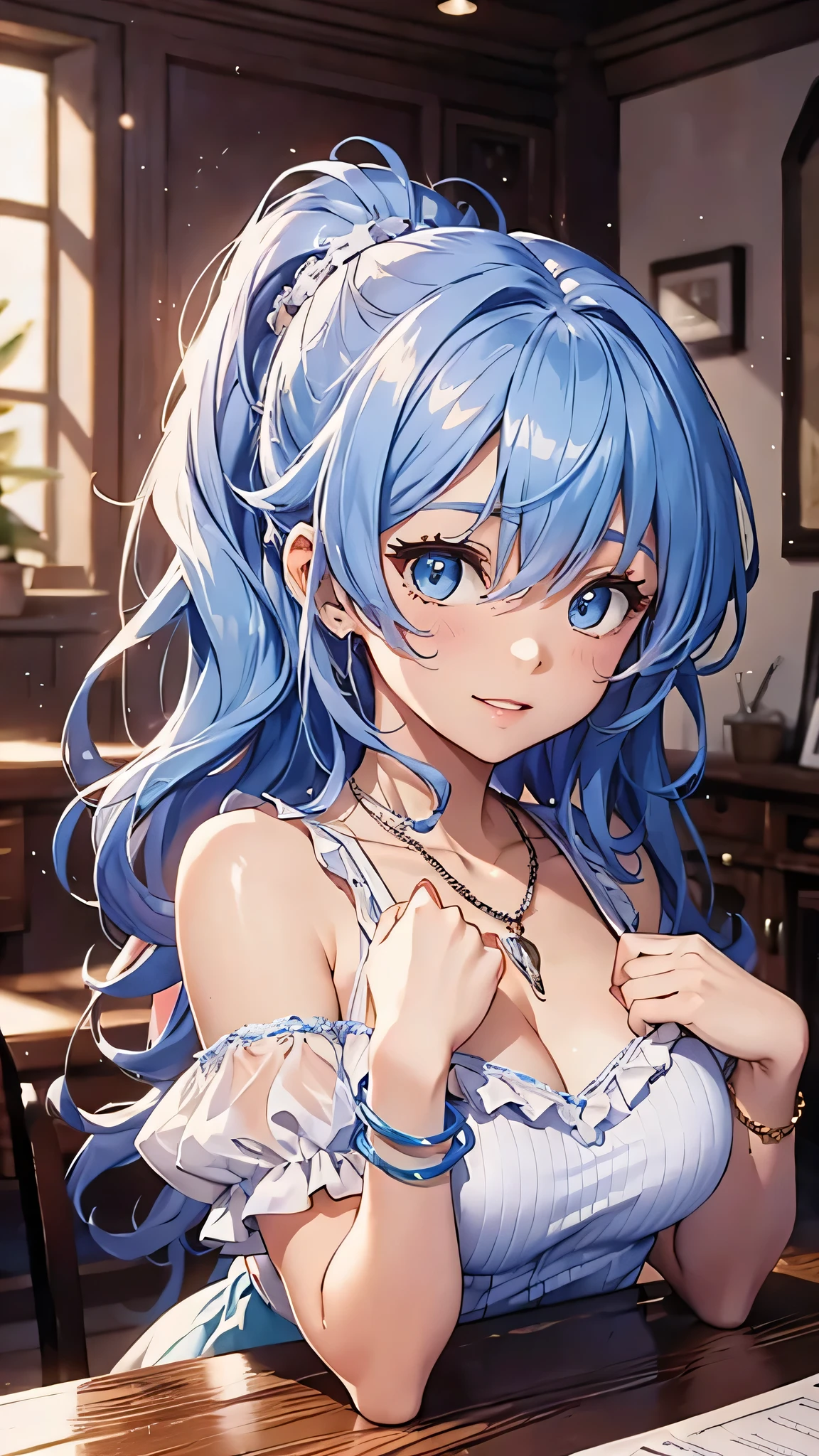 最high quality、Best image quality、masterpiece、and((cute、18-year-old、Best Bust、Medium Bust、Beautiful Blue Eyes、Spread your chest wide,Pastel colored hair、ponytail、Disheveled Hair、thin、Highest valley、Pastel Dress、smile、necklace、Wristband、))high quality、Beautiful art、background((Pastel Room、Live Performance Venues)),Tabletop、Exquisite design、Visual Arts、Written boundary depth、Best lighting、Highest detail、8k