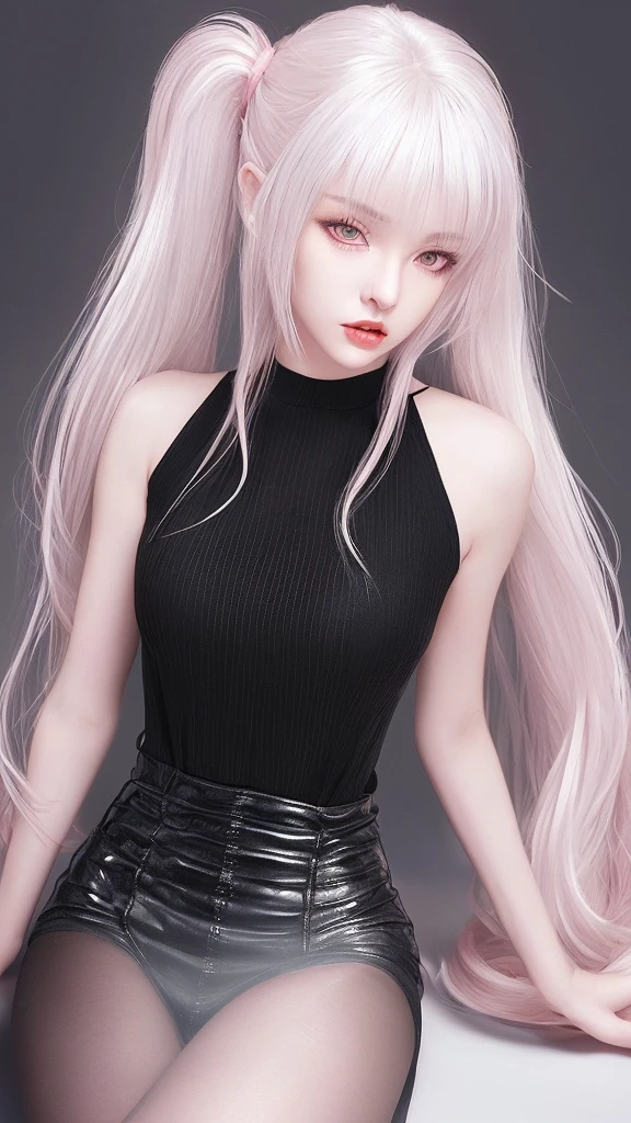 She has long silver hair、Has twin-tail hairstyle。Her hair is in loose waves.、The bangs are straight and cover the forehead.。The skin is white and smooth、Lips are pale pink and shiny。Her expression is cool、She is looking down slightly.、Lips slightly open。The outfit is a tight black top.、The see-through material emphasizes the sexiness.。Overall, this character has an elegant and mysterious atmosphere.。

The background is bright pink、The contrast with her chic black outfit is striking.。