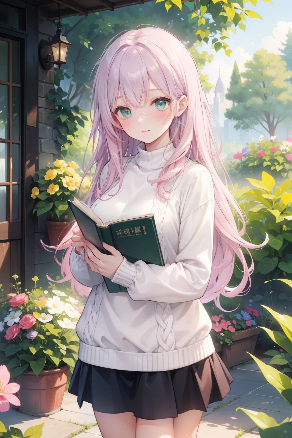 Young woman, standing among a blooming garden, surrounded by bright flowers and soft sunlight. She has long, wavy hair light lilac shade, that shimmer in the sun, and big sea-green eyes. She is wearing a cozy pastel sweater., short skirt and long leggings, and a gentle smile plays on his face with a slight blush on his cheeks. She holds a book in her hands, immersed in reading, and around her there is a feeling of calm and peace. In the background you can see a quiet lake and green nature.