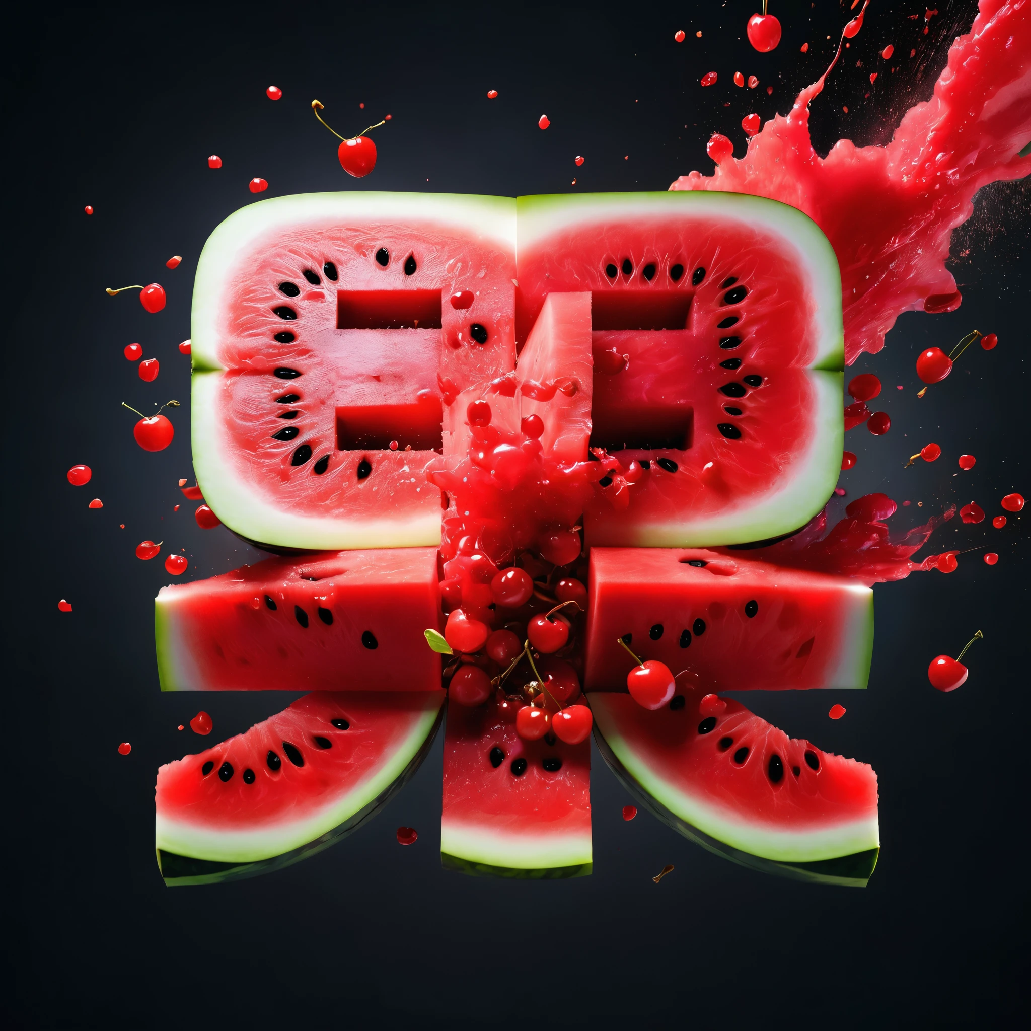 Commercial Photography, Intense red blood explosion、watermelon,Cherry in the center of the explosion, White lighting, Studio Lighting, 8k Octane Rendering, High-resolution photography, Fine details, Extremely detailed, On black isolated plane, picture, Professional color correction