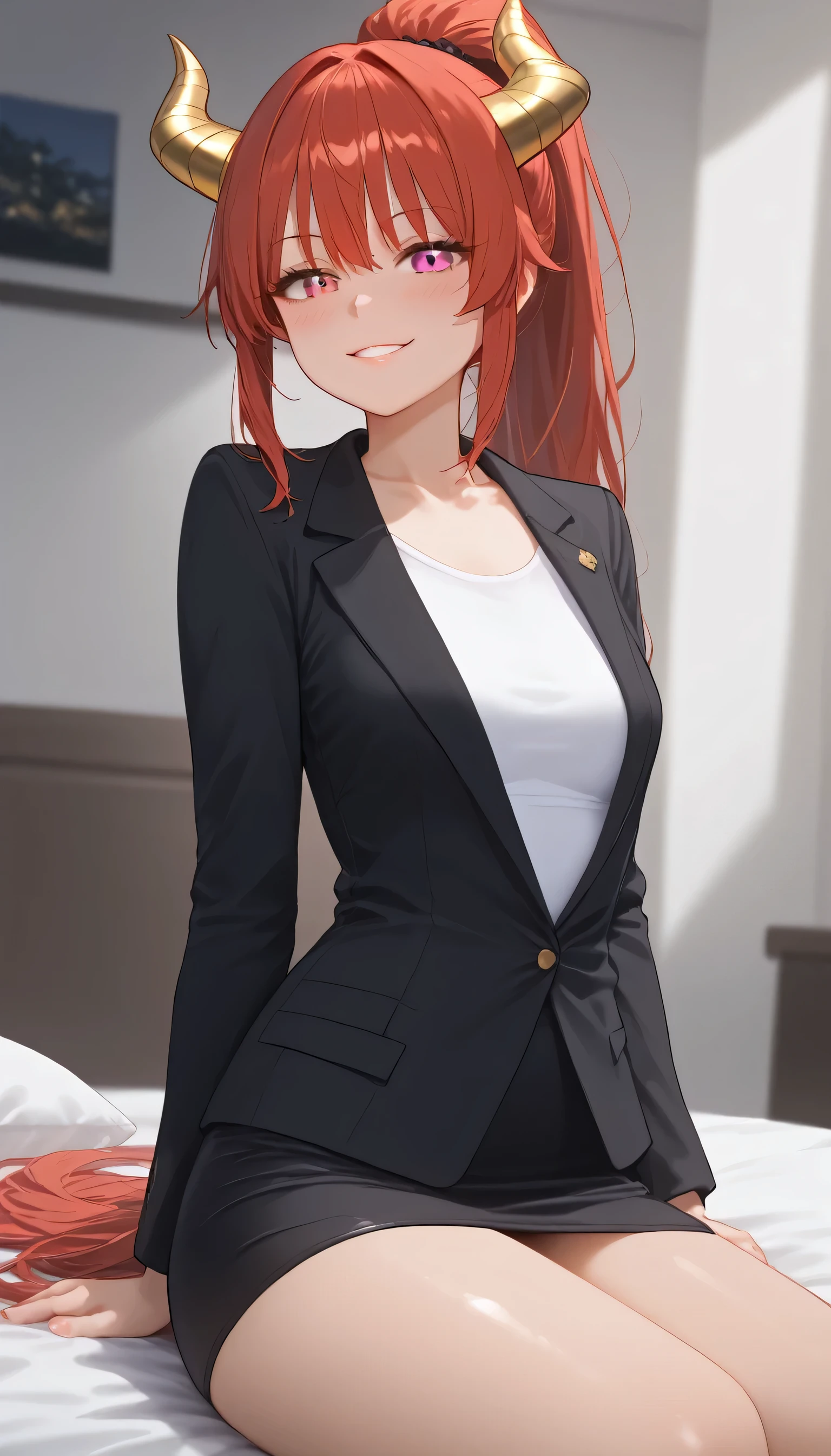 shiny skin, 1girl, ponytail hairstyle, parted lips, black skirt, bangs, hair tie, pink eyes, Heterochromia eyes, (cat pulils), blush, breasts, shirt, small breasts, solo, looking at viewer, red hair, long red hair, black coat, black suit, white shirt, closed mouth, long sleeves, ponytail hairstyle, collarbone, smile, large smile, ((small horns, gold horns, horns towards the bangs, the ends of the horns are on the bangs, dragonian))