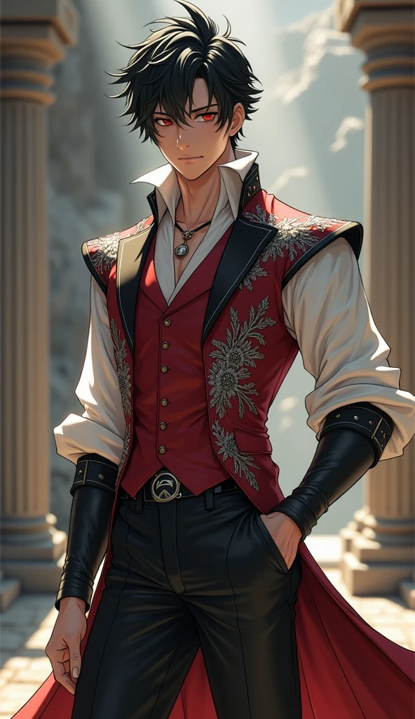 Physical Description:

- Height: 6'2" (188 cm)
- Hair: Jet-black, messy, and slightly spiky
- Eyes: Piercing red, almond-shaped, and fringed with thick lashes
- Face: Chiseled features, strong jawline, and prominent cheekbones
- Skin: Porcelain-like complexion with a subtle warmth

Attire:

- Academy uniform:
    - Black trousers
    - White dress shirt with billowy sleeves
    - Red vest with intricate silver embroidery (representing his unique heritage)
    - Black boots with subtle buckles

Accessories:

- Silver pendant in the shape of a crescent moon
- A silver ring with crencent moon shape

Facial Expression:

- Brooding, introspective gaze

Background:

- Hints of ancient ruins