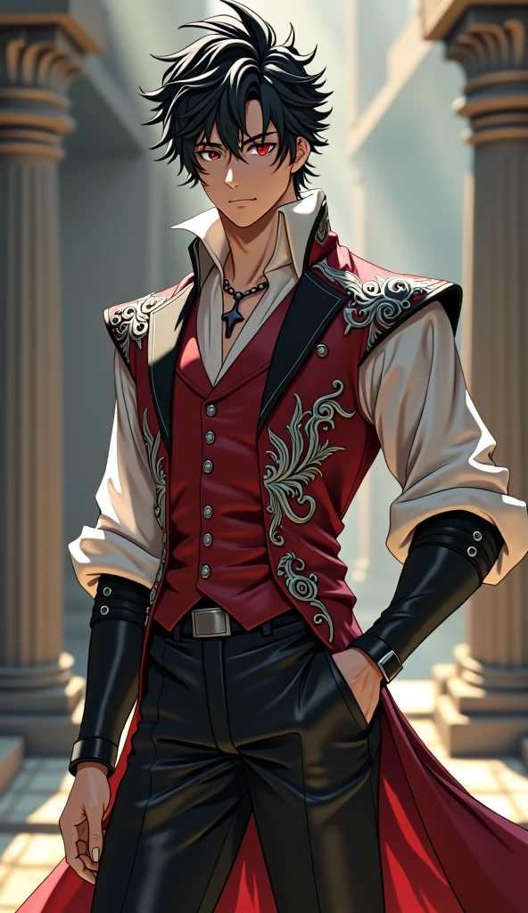 Physical Description:

- Height: 6'2" (188 cm)
- Hair: Jet-black, messy, and slightly spiky
- Eyes: Piercing red, almond-shaped, and fringed with thick lashes
- Face: Chiseled features, strong jawline, and prominent cheekbones
- Skin: Porcelain-like complexion with a subtle warmth

Attire:

- Academy uniform:
    - Black trousers
    - White dress shirt with billowy sleeves
    - Red vest with intricate silver embroidery (representing his unique heritage)
    - Black boots with subtle buckles

Accessories:

- Silver pendant in the shape of a crescent moon
- A silver ring with crencent moon shape

Facial Expression:

- Brooding, introspective gaze

Background:

- Hints of ancient ruins