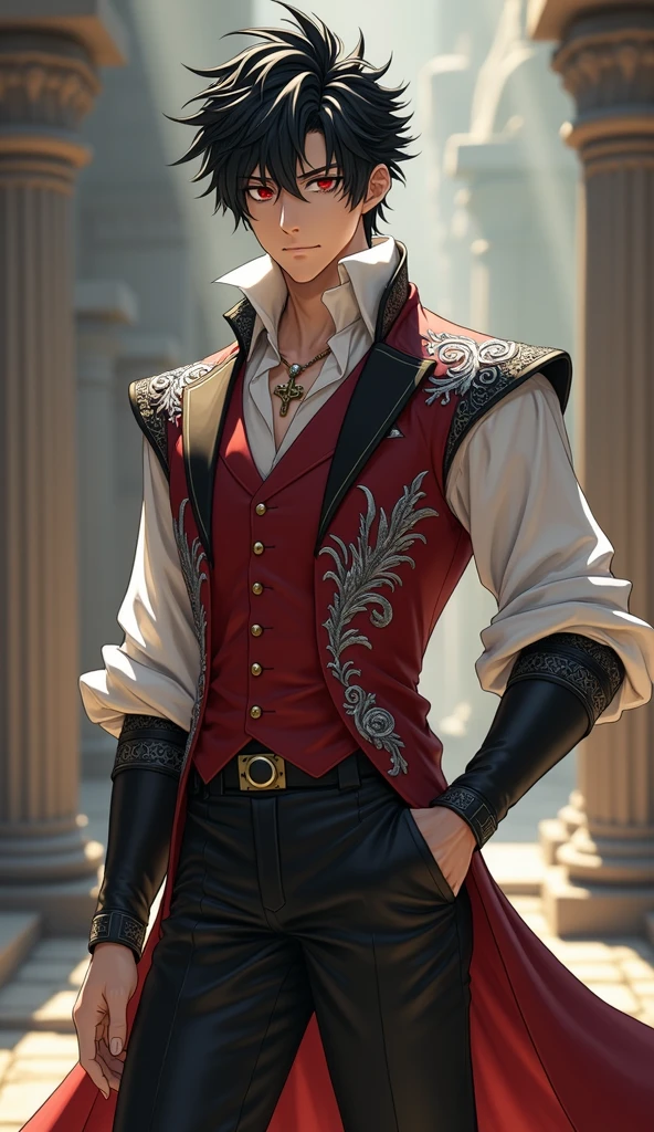 Physical Description:

- Height: 6'2" (188 cm)
- Hair: Jet-black, messy, and slightly spiky
- Eyes: Piercing red, almond-shaped, and fringed with thick lashes
- Face: Chiseled features, strong jawline, and prominent cheekbones
- Skin: Porcelain-like complexion with a subtle warmth

Attire:

- Academy uniform:
    - Black trousers
    - White dress shirt with billowy sleeves
    - Red vest with intricate silver embroidery (representing his unique heritage)
    - Black boots with subtle buckles

Accessories:

- Silver pendant in the shape of a crescent moon
- A silver ring with crencent moon shape

Facial Expression:

- Brooding, introspective gaze

Background:

- Hints of ancient ruins