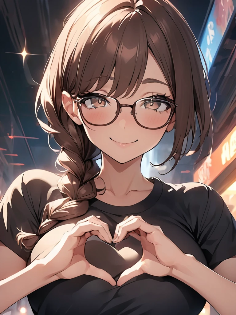 (anime screencap:1.2), masterpiece, best quality, ultra detailed 8k, (cute girl with one braid:1.2), (dark brown hair, (low ponytail, one braid), braid with ribbon), , light brown eyes, droopy eyes, glasses, happy smile, large breasts, (sparkle:1.4), (heart hands, spoken heart, many hearts, giving hearts at viewer), 
BREAK
simple black t-shirt, upper body, from front, dynamic angle, simple background