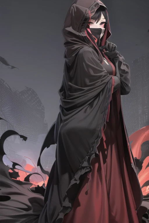 NNAssassinFSF, 1girl, solo, black hair, long cape sleeves, sleeves covered hands, long skirt, robe dress, long cape, cape, black cloak, hood up, black robe, covered mouth, white gloves, mask, hooded cloak, ((masterpiece, best quality)),standing , room, red eyes, happy look, 
